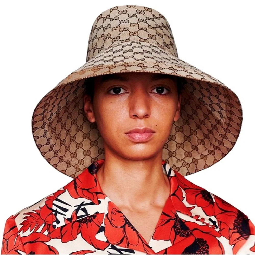 Gucci GG Monogram Bucket Hat Wide Brim Beige Tan Canvas Jacquard Sun Coverage - Picture 10 of 16